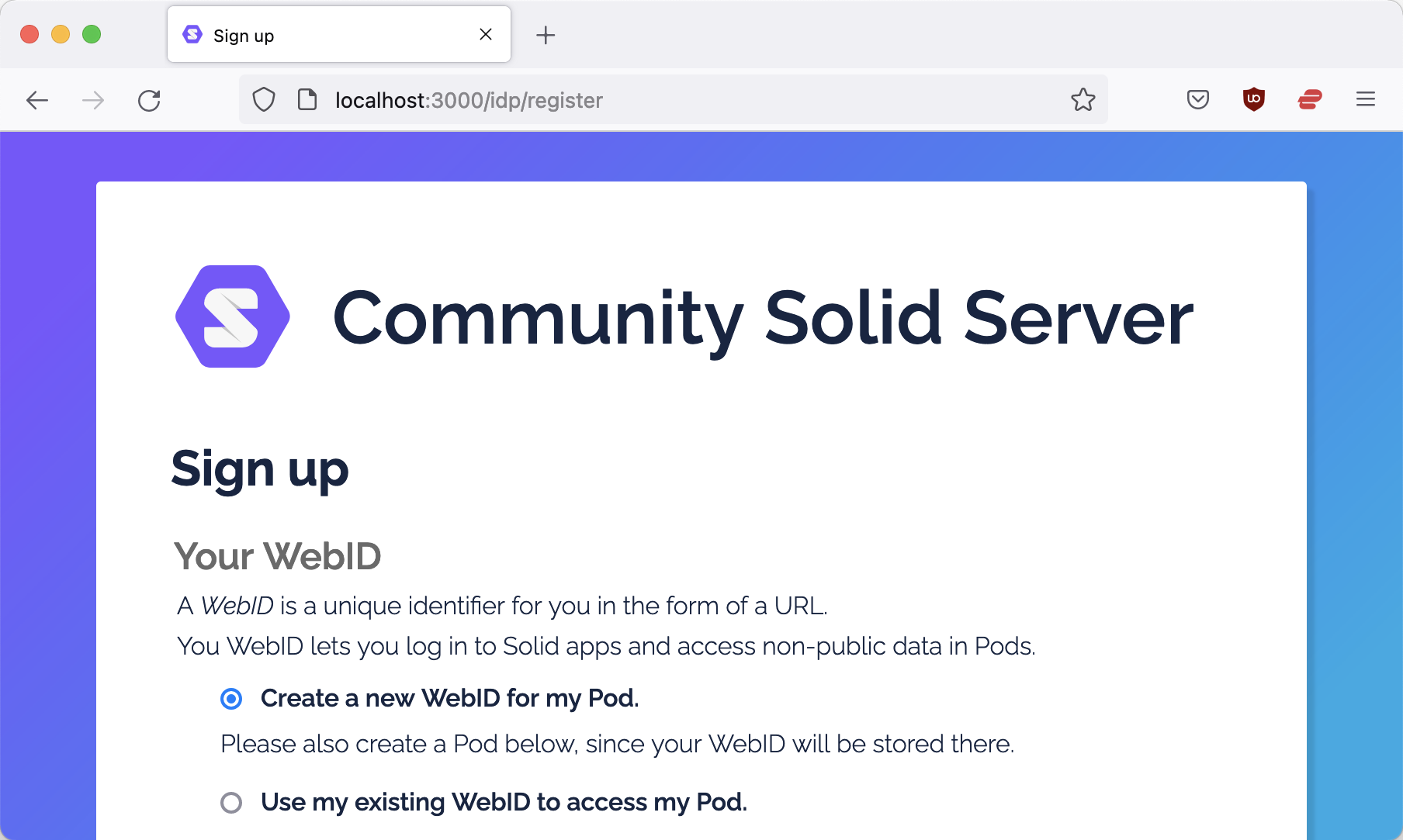Community Solid Server registration page
